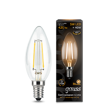 Лампа светодиодная филаментная Black Filament 5Вт свеча 2700К тепл. бел. E14 420лм GAUSS 103801105