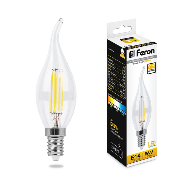 Лампа светодиодная E14- 5W-2700K LB-69 (свеча на ветру прозрачная) Feron