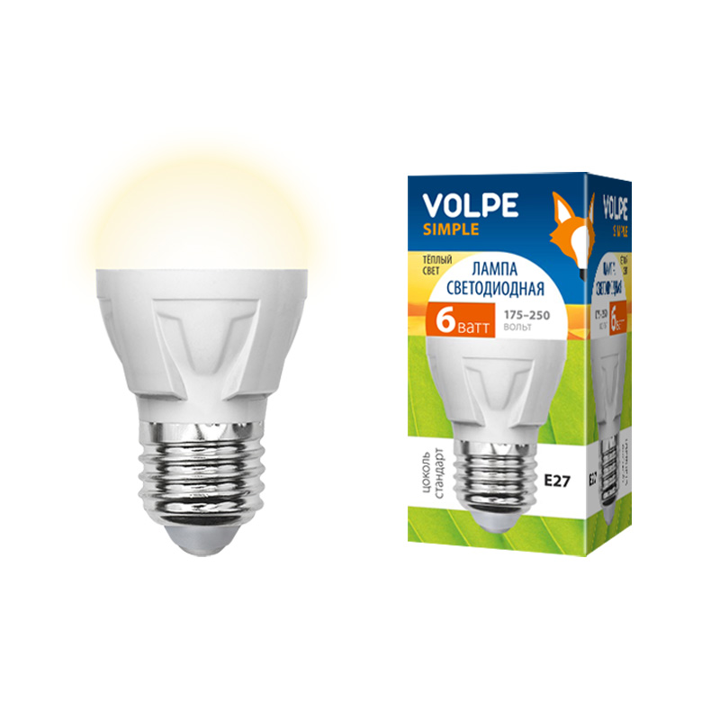 Лампа светодиодная E27- 6W-теплый белый-G45 Серия Simple Volpe (шар)
