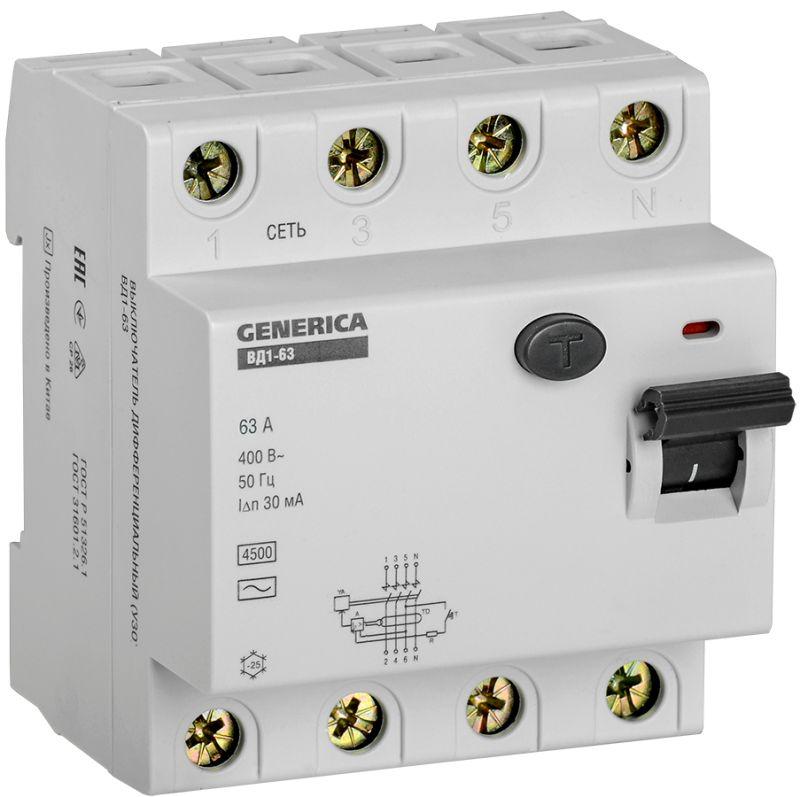 Выключатель дифференциального тока (УЗО) 4п 63А 30мА тип AC ВД1-63 GENERICA ИЭК MDV15-4-063-030