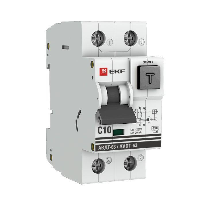 Выключатель автоматический дифференциального тока 1п+N 2мод. C 10А 30мА тип А 6кА АВДТ-63 (электромех.) PROxima EKF DA63-10-30