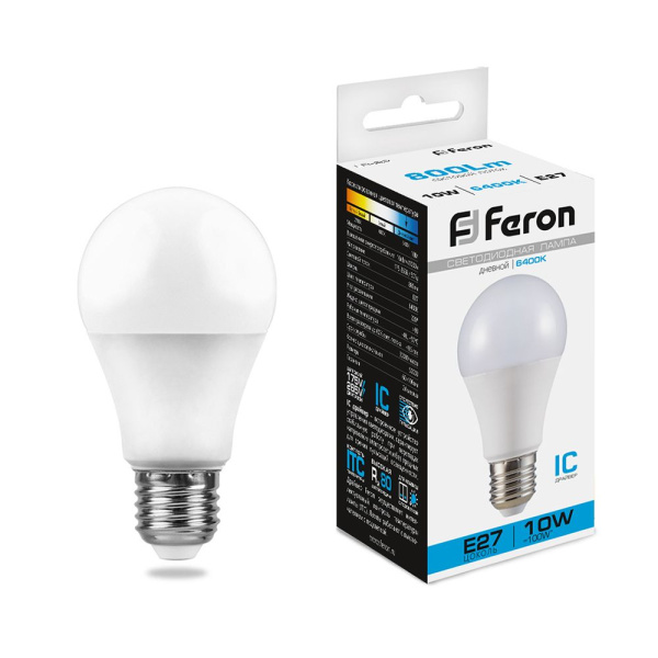 Лампа светодиодная E27-10W-6400K LB-92 Feron (шар)